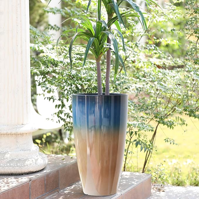 Tall Planters for Outdoor Plants, Heavy-Duty Plastic Lightweight Flower Pots Blue to Khaki Gradient Garden Pots Porch Planters Outdoor Set of 2 Gifts for Plant Lovers