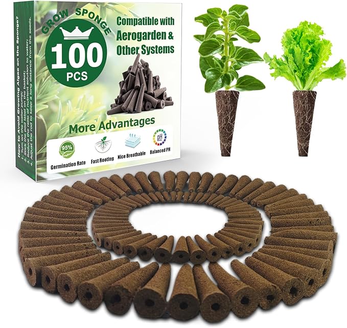 100 Pack Grow Sponges, Seed Starter Sponges Compatible with AeroGarden, Refill Seed Pods Replacements Root Growth Sponges for Indoor Hydroponic System, Brown, SP-100