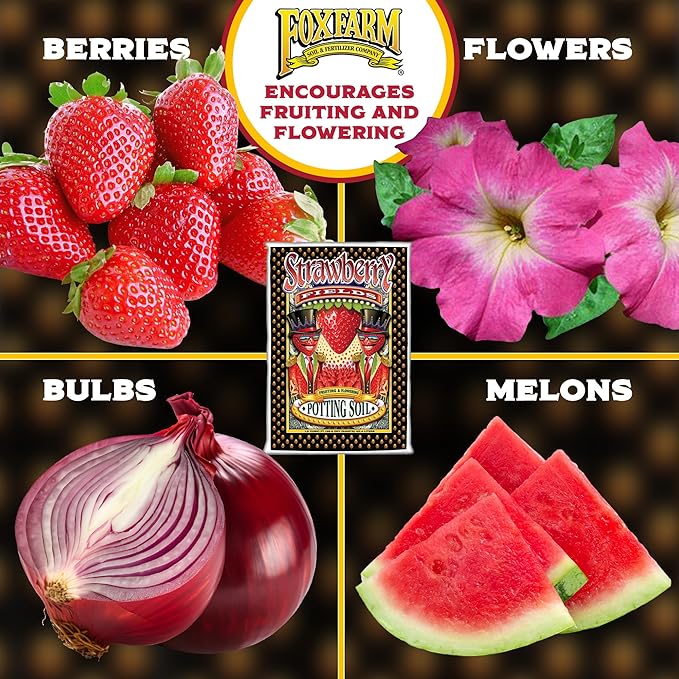 FoxFarm Strawberry Fields Fruiting & Flowering Potting Soil, 1.5cu ft (Pack of 4) - Use to Increase Blooms, Fruits, and Berries - Made for the Fruiting and Flowering Stages of Plants