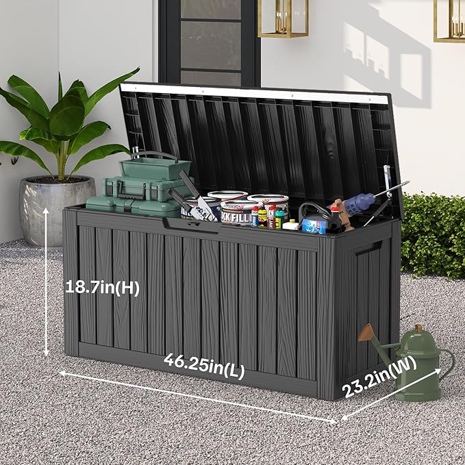 Outdoor Deck Storage Box, 90 Gallon Waterproof Deck Box, Resin, Lockable Patio Storage Box for Pool Accessories, Garden Tools, Cushion, Large Package Delivery，Weatherproof & UV-Resistant Storage Bench