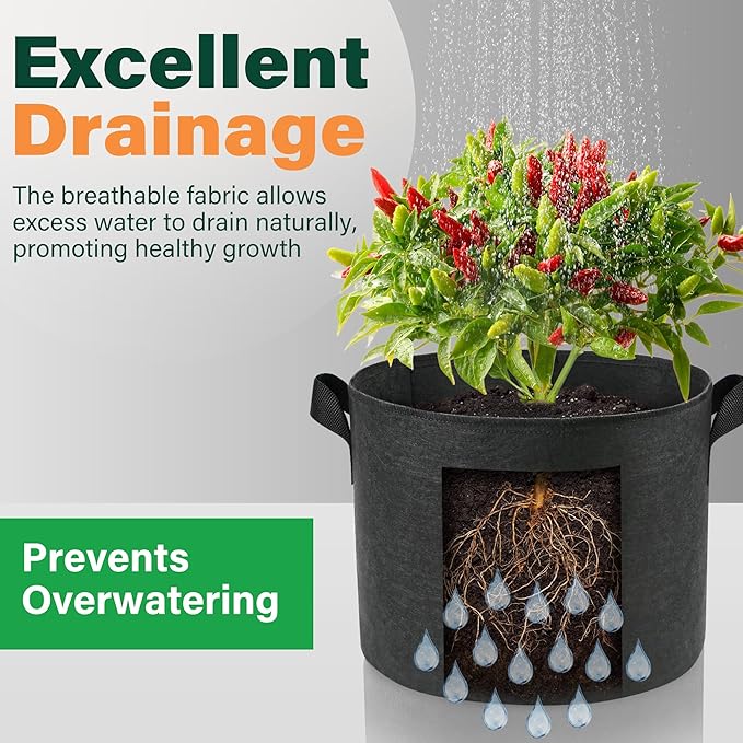 LotFancy 5 Pack 5 Gallon Grow Bags, 300G Thickened Nonwoven Fabric Pots with Reinforced Handles, Heavy Duty Aeration Planter Bags for Vegetables Flowers Fruits, Black