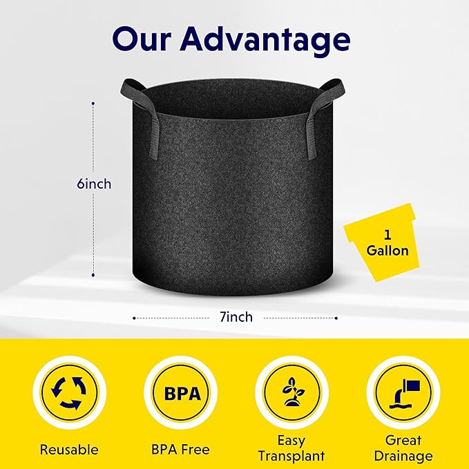 iPower 5-Pack 1 Gallon Plant Grow Bags Thickened Nonwoven Aeration Fabric Pots Heavy Duty Durable Container, Strap Handles for Garden, Black