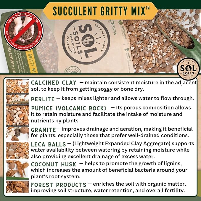 Sol Soils Succulent Gritty Mix - Fast Draining, Peat Moss Free, Perlite - 2 Quarts - Coconut Husk, Pumice