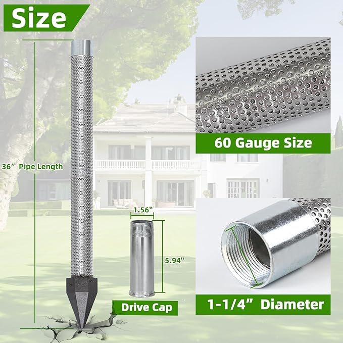 Well Drive Point Kit,1-1/4 Stainless Steel Well Point+5Pk 39" 1-1/4 Galvanized Drive Point Well Pipes,Heavy Duty Shallow Well Drilling Kit for Drive Sand Point Well&Soft Soil Well,36" Point 60 Gauze