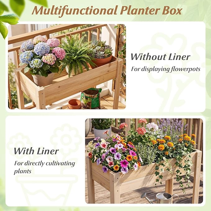 Giantex Wood Raised Garden Bed w/Lower Shelf, Planter Box with Legs for Flower Herb Vegetable Fruit, Indoor Outdoor Elevated Raised Beds for Gardening, Backyard, Patio, Balcony
