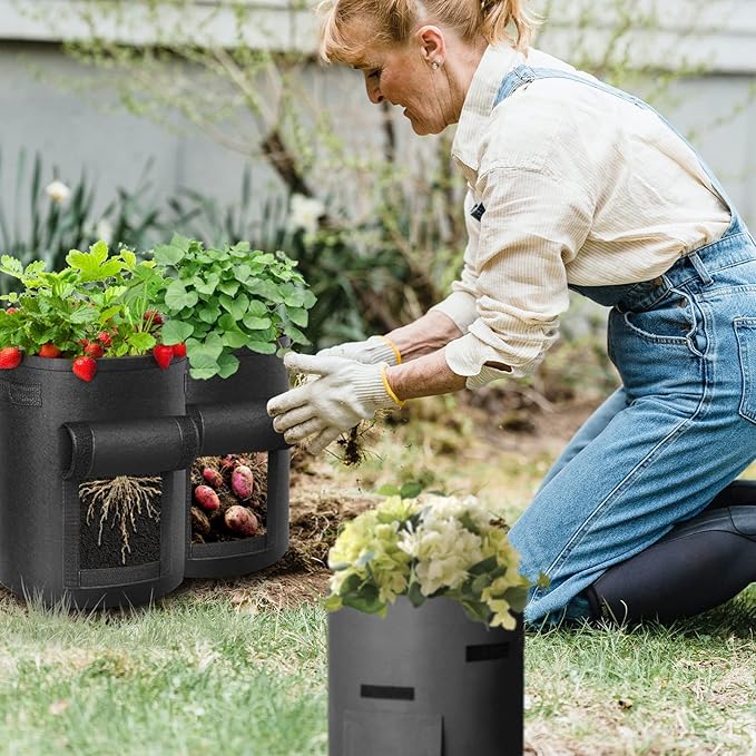 LITLANDSTAR 6 Pack 7 Gallon Potato Grow Bags, Heavy Duty Nonwoven Fabric Garden Planting Bag Plant Container with Flap and Handles, Aeration Fabric Pots for Growing Vegetable, Fruits and Flowers