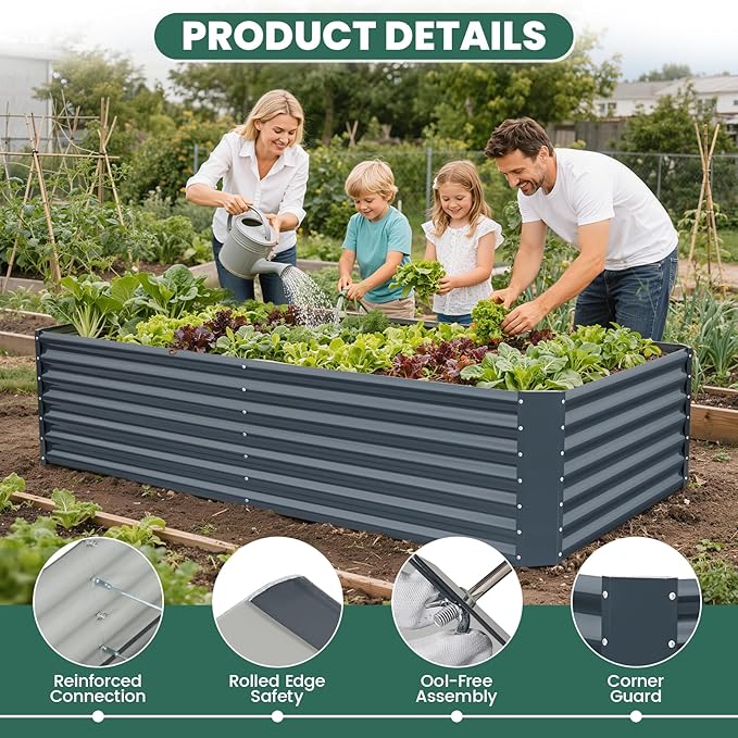 G GOOD GAIN 6x3x2 ft Galvanized Raised Garden Bed Kit, Large Metal Planter Box Outdoor for Vegetables, Flowers, Herbs, 24" Tall 269 Gallon Capacity Deep Root Design, Grey