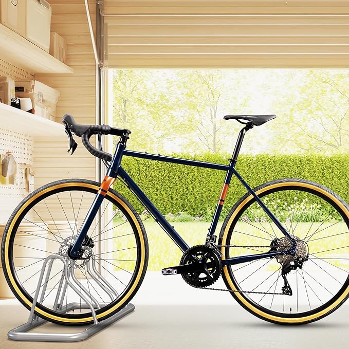 Simple Houseware 2-Bike Floor Storage Rack - Adjustable Bicycle Parking Stand & Garage Organizer for Road and Kids Bikes, Silver