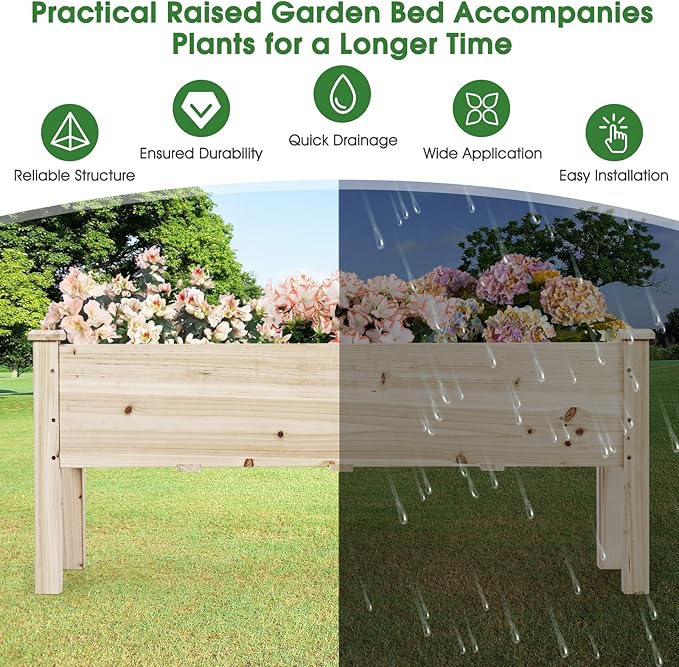 COSTWAY Raised Garden Bed, Elevated Fir Wood Planter Box for Vegetables, Herbs & Flowers – 47.5” x 17” x 20” for Backyard, Patio & Balcony