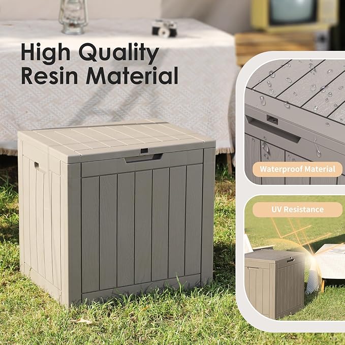 Vixzen 30 Gallon Resin Deck Box - Lockable Outdoor Storage for Patio Cushions, Garden Tools, Pool Supplies（Grey，30 Gallon）
