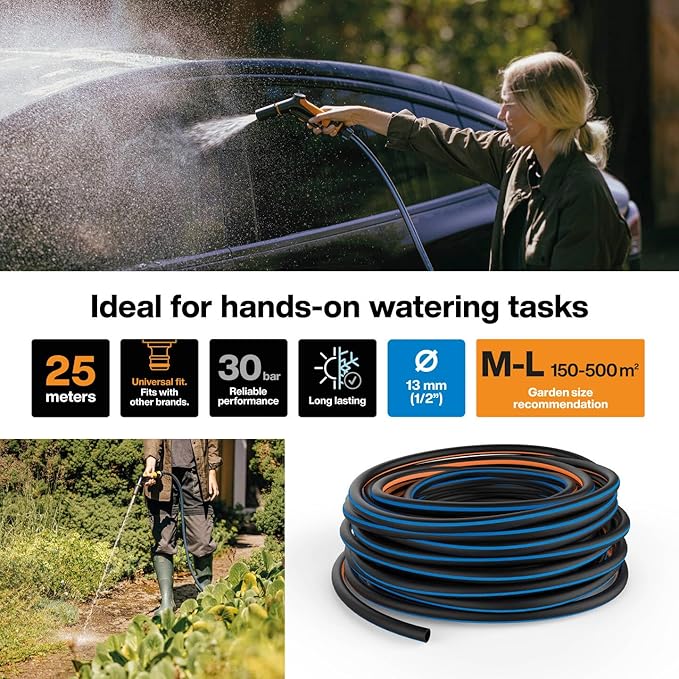 Fiskars Garden Hose M-L, Solid, Water Hose for Manual Watering, 13 mm (1/2 Inch), Length: 25 m, Universal Connection, UV-Protected, Frost-Protected, Torsion-Resistant, Blue, 1076060