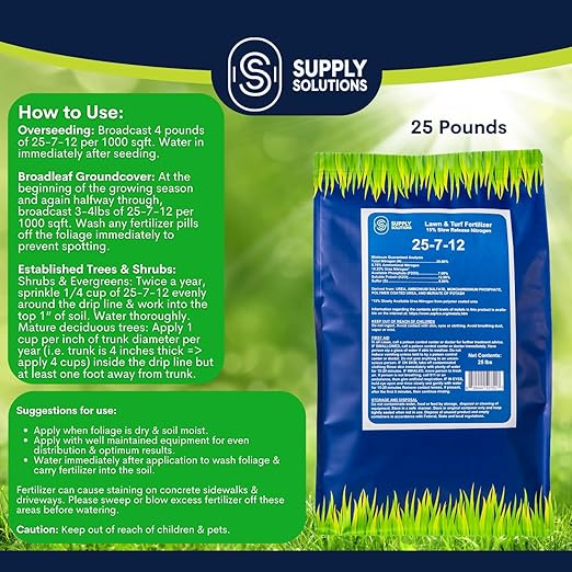 Supply Solutions 25-7-12 Lawn and Turf Fertilizer - 15% Slow Release Nitrogen Lawn Fertilizer for All Grass Types, Shrubs - Turf Builder Plant Food Covers 6,250 sq.ft (25lbs)