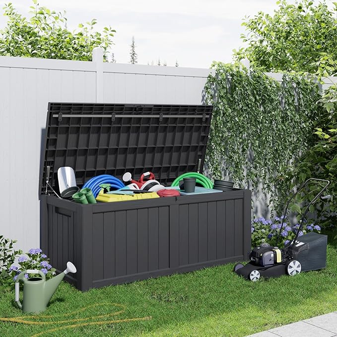 150 Gallon Deck Box,Resin Outdoor Storage Box with Lockable for Patio Furniture, Pool Accessories, Garden Tools Waterproof Outside Storage Box (Black)