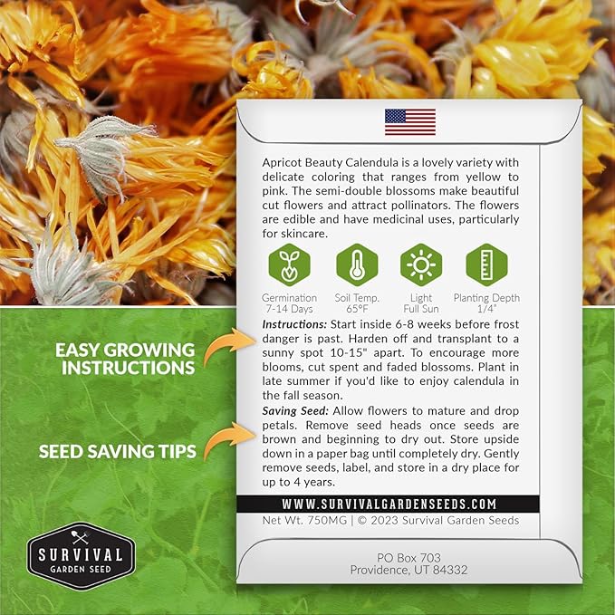 Apricot Beauty Calendula Seeds for Planting – Heirloom Flower with Soft Peach & Pastel Blooms – Edible Flowers, Medicinal Pot Marigold – Survival Garden Seeds (3 Packs)