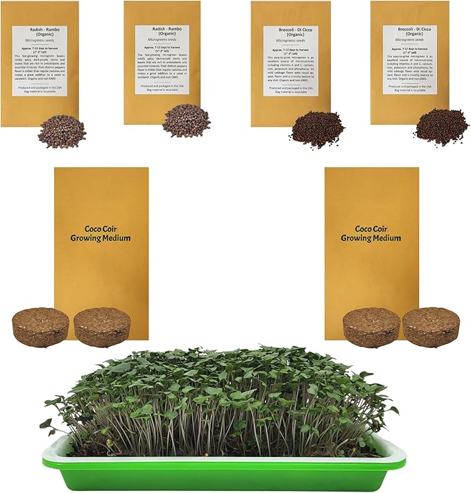 Home Microgreens Kit Refill - Coco Coir Growing Medium - Premeasured for 4 plantings; Includes Non-GMO Organic Broccoli and Radish Seeds for 4 Harvests - Detailed Instruction Sheet