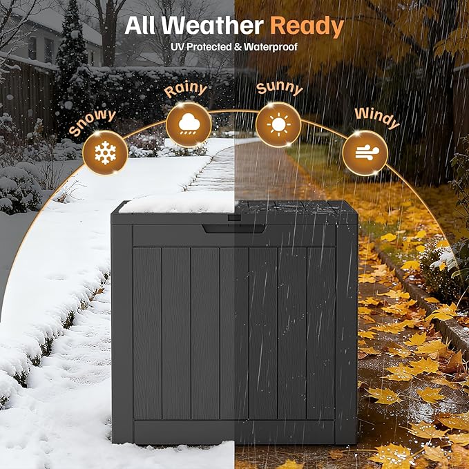 25 Gallon Deck Box, Small Outdoor Storage Box Waterproof, UV-Resistant and Weatherproof Outside Resin Storage Bin for Outdoor Patio Furniture Pillows, Pool Supplies, Garden Tools, Black