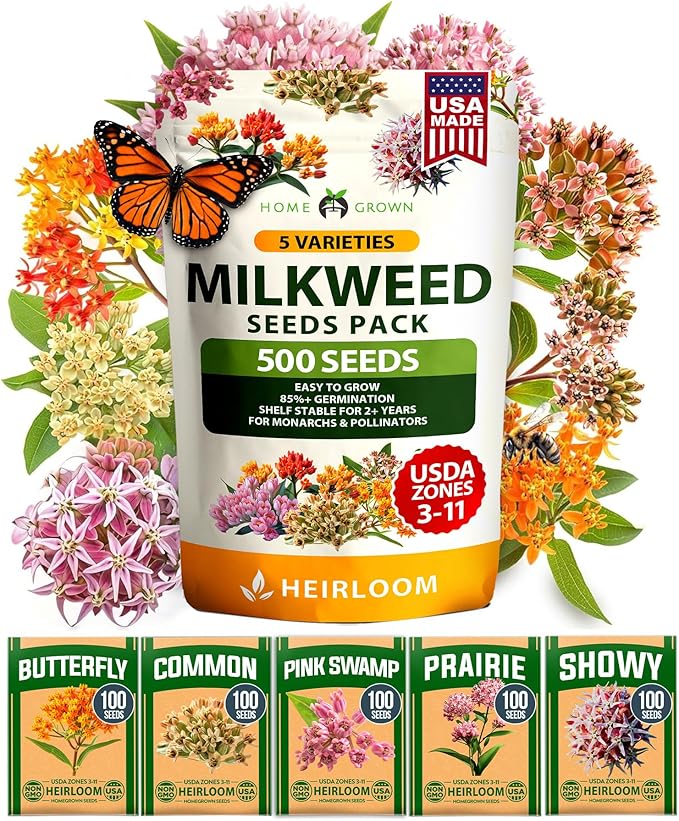 HOME GROWN Milkweed Seeds for Planting - 5 Varieties (Butterfly, Common, Pink Swamp, Prairie, Showy) 500+ Heirloom Non-GMO Seeds - Pollinator Garden Starter Kit for Monarch Butterflies