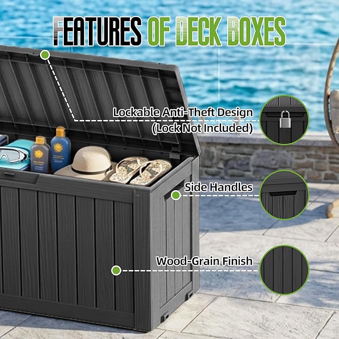85 Gallon Outdoor Storage Deck Box Waterproof Resin Lockable Outside Bench Porch Patio Furniture Pool Float Garden Tool Cushion UV Resistant Bin Black