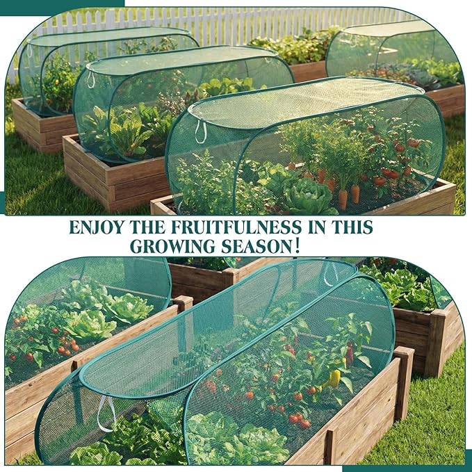 4 Pcs 35'' x 14'' x 16'' Pop up Garden Rows Plants Cover Vegetable Mesh Plant Protector Net Cage Guard with Ground Nails for Protecting Vegetable Fruit Seedling from Animal (Dark Green)