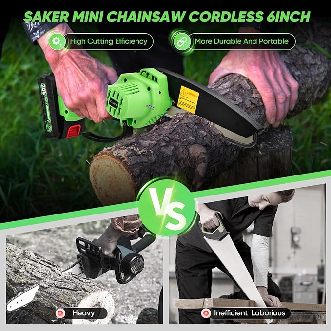 Saker Mini Chainsaw Cordless,6 Inch Chainsaw, Mini Electric Chainsaw Cordless Battery Powered,One-Hand Portable Chain Saw for Tree Trimming, Pruning&Wood Cutting,Gifts for Men Husband