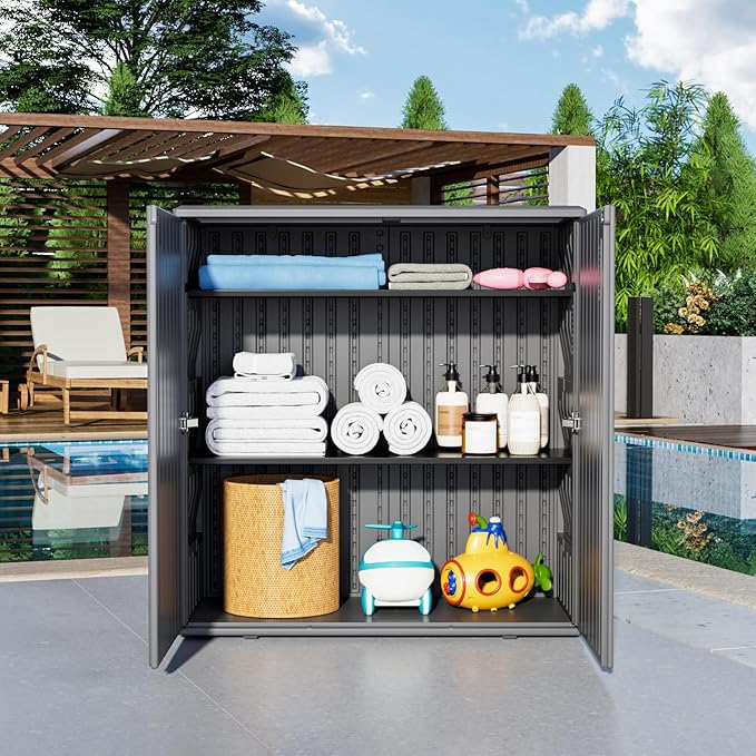 KINYING Outdoor Storage Cabinet Waterproof, Resin 62 Gallon Deck Box for Patio Furniture Cushions, Garden Tools, Pool Tools and Kids’ Toys (Grey with 1 Shelving)