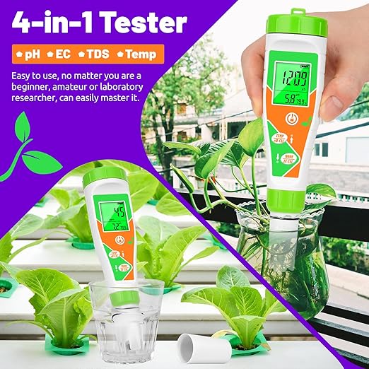 pH Meter for Water Hydroponics Nutrient 4 in 1 Digital EC pH TDS Temp Meter for Water System PPM and EC Water Tester for Hydroponics, Indoor/Outdoor Plant Grow, DWC System, Gardening