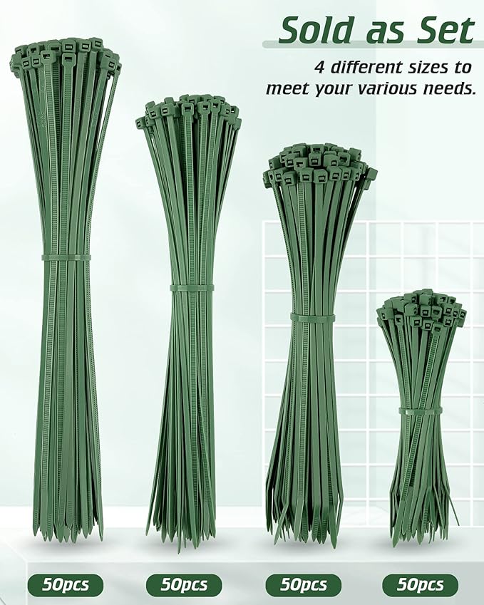 PA66 Green Zip Ties, 200pcs 12+10+8+4 Inch with 22-55lb Strength, Premium Heavy Duty Self-locking Nylon Cable Ties, Decoration Tie Wraps for Christmas Tree Holiday Lights Gardening Plants Grid Wall