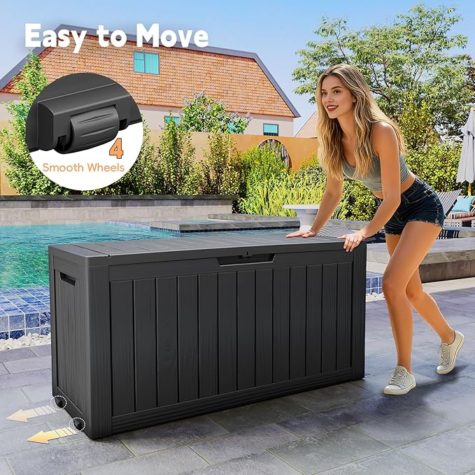 Outdoor Storage Box, 75 Gallon Deck Box Waterproof, Resin Patio Storage Bin for Package Delivery, Patio Furniture Cushion, Garden Tools, Pool Accessories, Weatherproof, Black