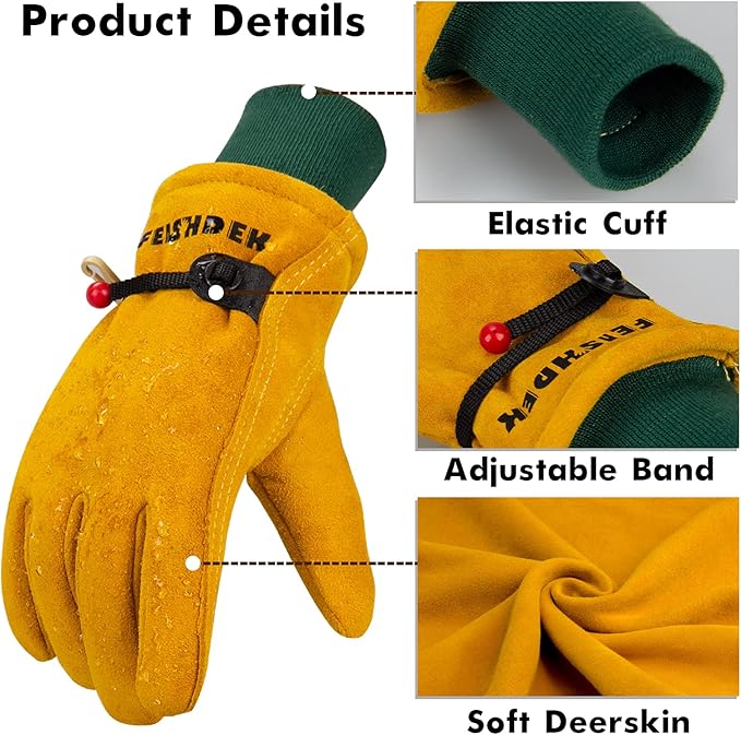 Kids Waterproof Winter Work Gloves, Deerskin Suede Leather, Insulated Warm Windproof Boys Girls Winter Work Gloves Age 5-14 (Large (12-14 Years Old), Yellow)