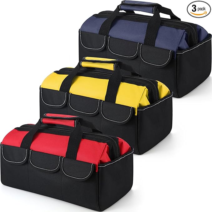Sanwuta 3 Pack Tool Bag for Men with Waterproof Hard Bottom, Heavy Duty Tool Bag Wide Mouth Tote for Various Instrument, Electrician Carpenter Mechanic (Blue, Red, Yellow,16 Inch,Side Pockets)