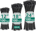 Zip Ties Assorted Sizes 300 Pack,12+14+18 Inch, 300LBS Tensile Strength Heavy Duty Self-locking Nylon Black Cable ties for Indoor Outdoor