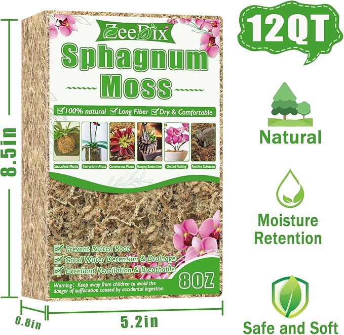 ZeeDix 8 oz Sphagnum Moss for Indoor Plants, Natural Orchid Potting Mix for Repotting, Dried Long Fiber Sphagnum Peat Moss for Carnivorous Plants Succulents Reptile Habitats (Expands to 12 qt)