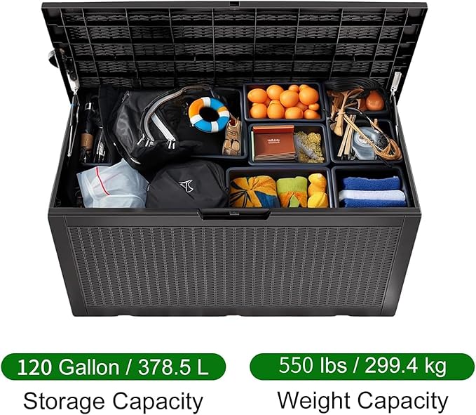 Vixzen 120 Gallon Outdoor Storage Box,Waterproof Lockable Resin Deck Box,Storage Container with Reinforced Support for Patio Cushions, Furniture Supplies, Garden Tools(Black，120 Gallon)