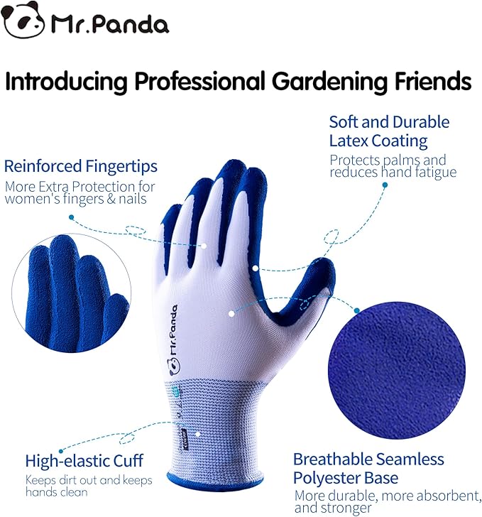 Mr.Panda 6 Pairs Skin-Friendly Gardening Gloves for Women, Latex Coated Garden Gloves, Ladies Outdoor Yard Work Gloves, Breathable, Blue & Red, Medium