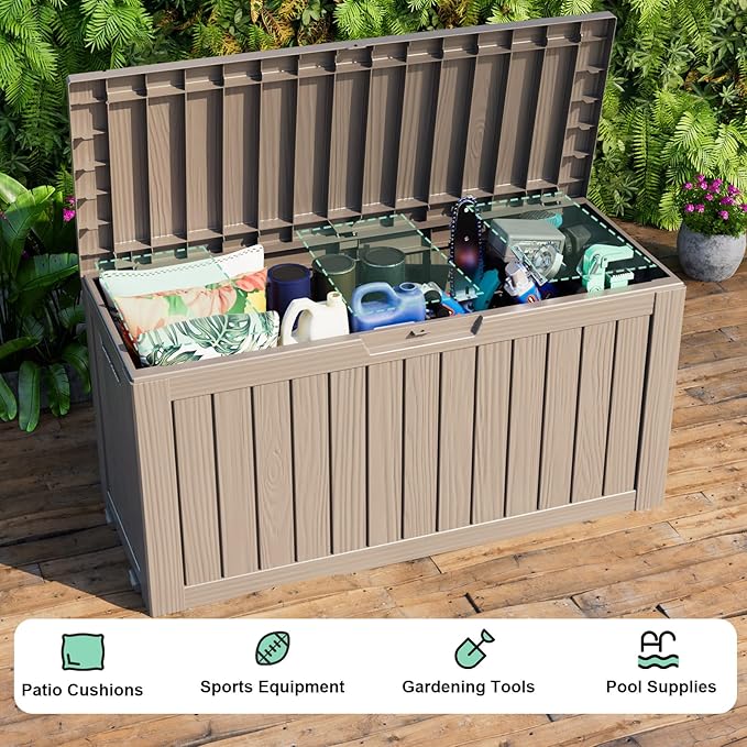 PatioZen 75 Gallon Large Deck Box,Resin Outdoor Storage Box with Lockable for Patio Furniture, Pool Accessories, Garden Tools Waterproof Outside Storage Box, Grey
