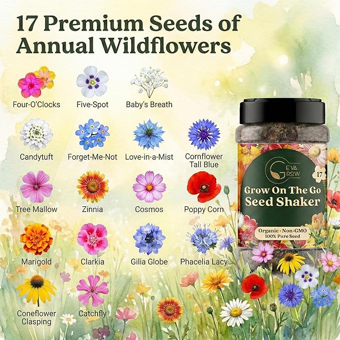 Wildflower Seed Shaker – Awesome Annual Mix by GevaGrow - 2 Ounce Shaker
