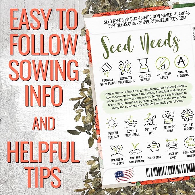 Seed Needs Zinnia Seeds Coral Variety Fast Blooming | 5,000+ Heirloom & Open Pollinated Seeds | Annual Cut Flowers Large Blooming | Bulk