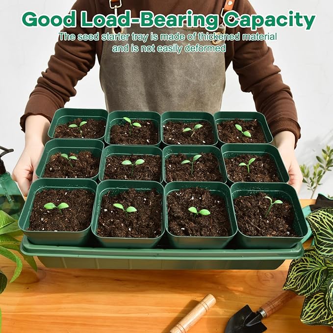 June Fox 60 Pcs Square Nursery Pots for Plants, 5 Pcs Seed Starter Tray Kit, Small Seedling Pots 4 Inch with 60 Plant Tags, Seedling Trays (Green)