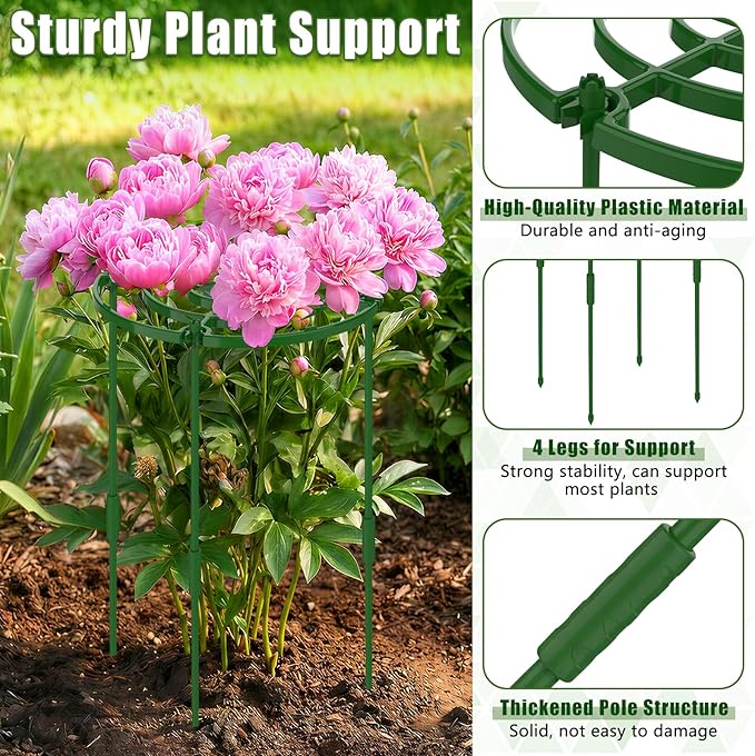 4 Pack Peony Cages and Supports, 11.8" D x 25" H Tall Plastic Plant Supports for Outdoor Plants, Peony Support Cage Flower Support Rings, Plant Support Ring for Rose Tomato Hydrangea Strawberry