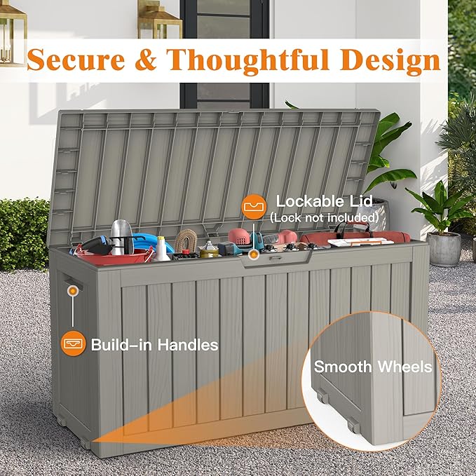 75 Gallon Outdoor Storage Box, Waterproof Deck Box with Handles and Lockable Lid, Resin Patio Storage Box with Hydraulic Rods for Garden Tools, Cushions, Grey