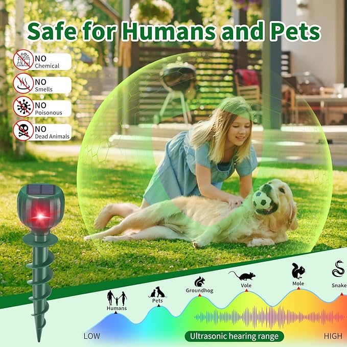 Mole Repellent Solar Powered, Waterproof Sonic Spikes Gopher Vole Groundhog Snake Chipmunk Mole Deterrent for Lawn & Garden 8 Pack