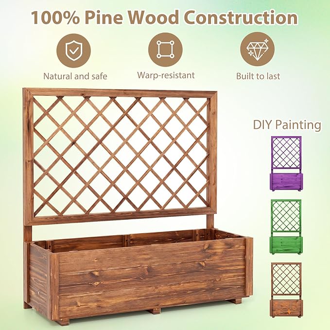 Giantex Raised Garden Bed Set 2 w/Trellis, Drainage Hole, 39”x14”x40” Wood Elevated Planter Box for Climbing Vine Flower Herb Vegetable Fruit, Planting Container for Indoor Outdoor Patio Balcony