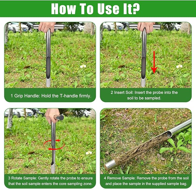 12 Inch Soil Probe, Stainless Steel Soil Sample Probe with 2 Bags, T-Handle Soil Test Probe Kits Tool for Soil Sampling, Home Plant Care, Garden, Farm, Lawn