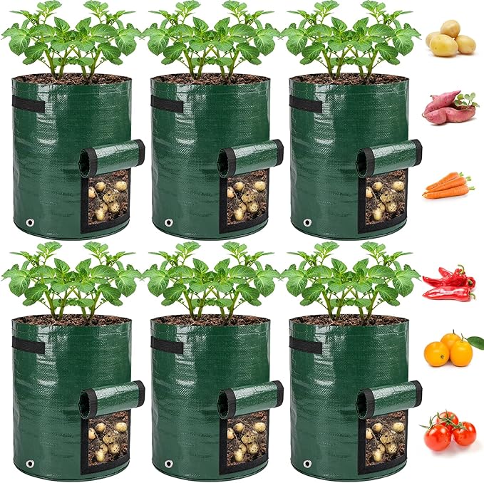 cyrico Potato Grow Bags, 10 Gallon 6 Pack Grow Bags for Potatoes with Flap Harvest Window and Handles, Sturdy PE Fabric Pots Potato Planter Garden Planting Bags for Onion Fruits Tomato Vegetables