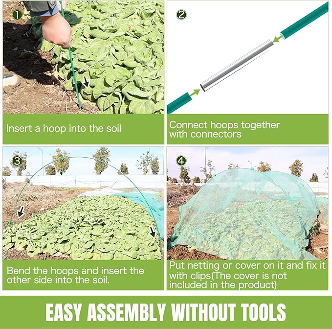 Joyhalo Garden Hoops for Raised Beds, 50pcs (10 Sets) Fiberglass Hoops with PVC Coating, DIY Greenhouse Tunnel for Row Cover, Bird Netting & Plant Protection, Extend Growing Season