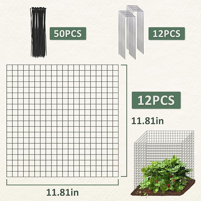 12 Pics DIY Metal Plant Protectors from Deer, Garden Fencing Animal Barrier Size 11.8 * 11.8 inches, Mesh Plant Cage Chicken Wire Cloche for Plants with Stakes and Nylon Cables (12 Pcs)