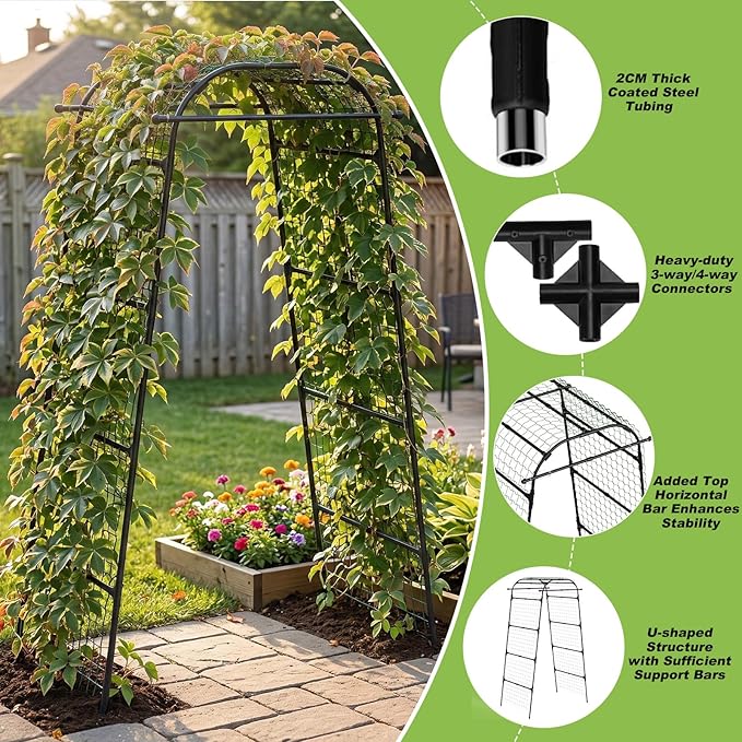 7Ft Garden Arch Trellis for Climbing Plants Outdoor, Heavy Duty Coated Metal Cucumber Trellis for Raised Beds, Tall Steel Gardening Arbor for Vegetables, Tomatoes, Grape, Bean (83’’ x 49’’ x 32’’)