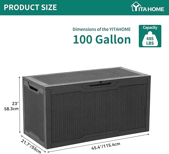 YITAHOME 100 Gallon Large Deck Box, Outdoor Resin Storage Boxes for Patio Furniture, Outdoor Cushions, Garden Tools, Water Resistant and Lockable