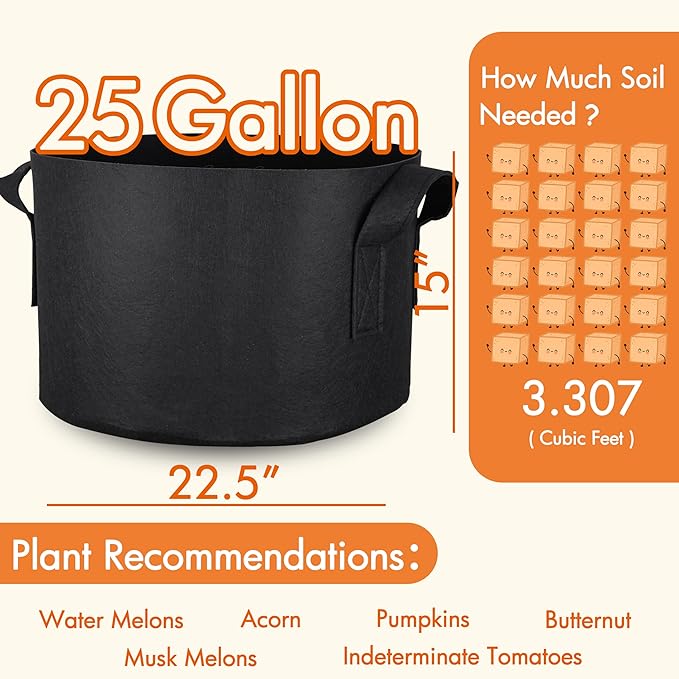 Gardzen 25 Gallon Grow Bags 6-Pack, 500G Thick Nonwoven Fabric Pots with Waterproof Liner & Breathable Bottom, for Hot Dry Climates
