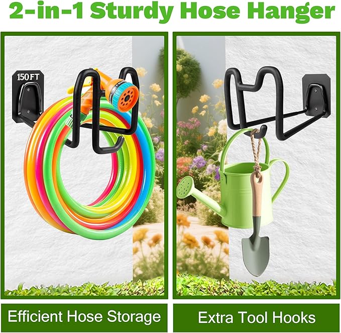 2pcs Hose Holders for Outside - Upgraded Garden Hose Holder with Hook, Metal Garden Hose Hanger Wall Mount Heavy Duty Hose Hangers for Outside for Yard Lawn Storage